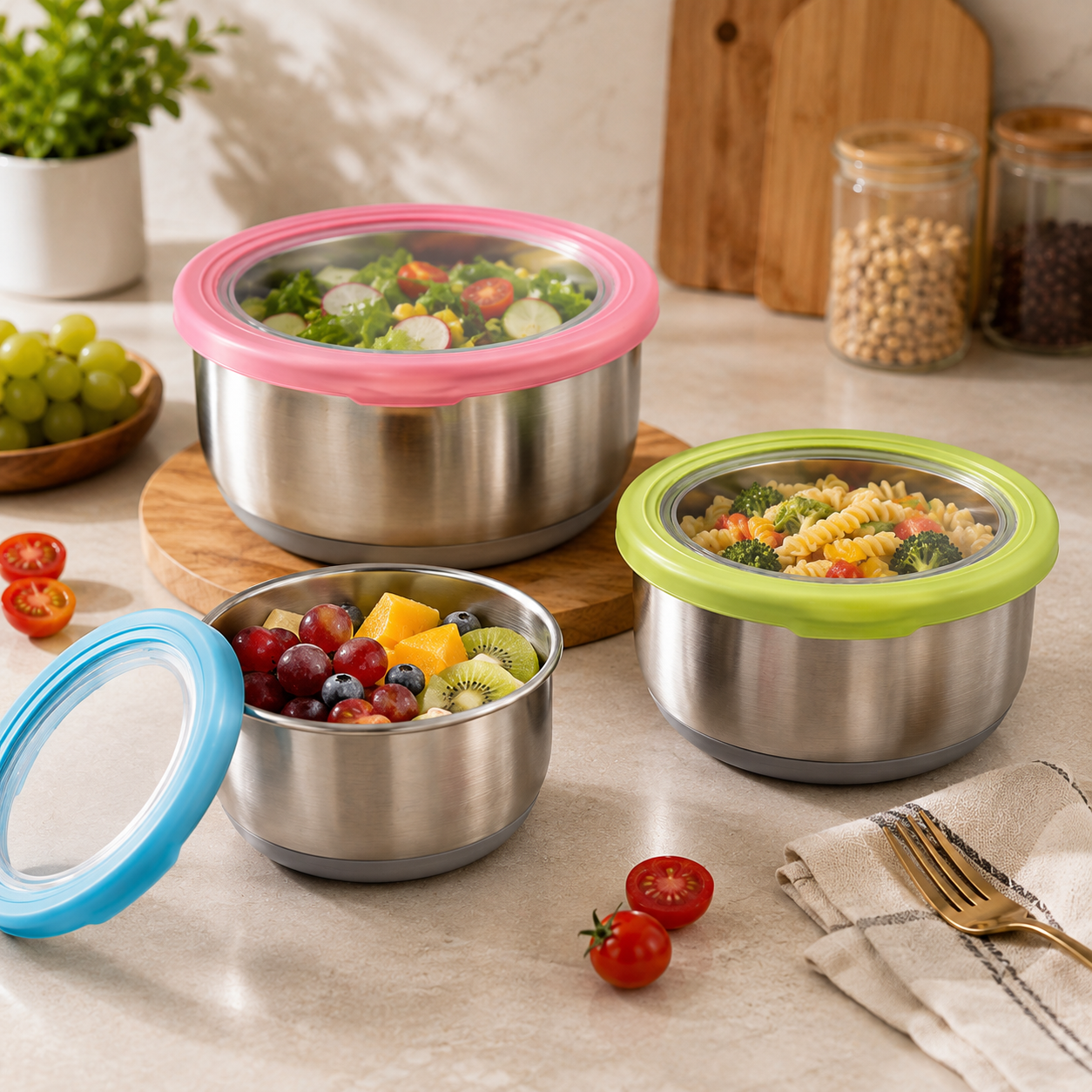 Set Of 3 Bento Bowl, Stainless Steel Round Food Container, Portable Leakproof Lunch Box, Food Silicone Bento Lunch Box For Kids, Instant Noodle Bowl Food Container, Collapsible Food Container with Lid, Stainless Steel Non Slip Crisper