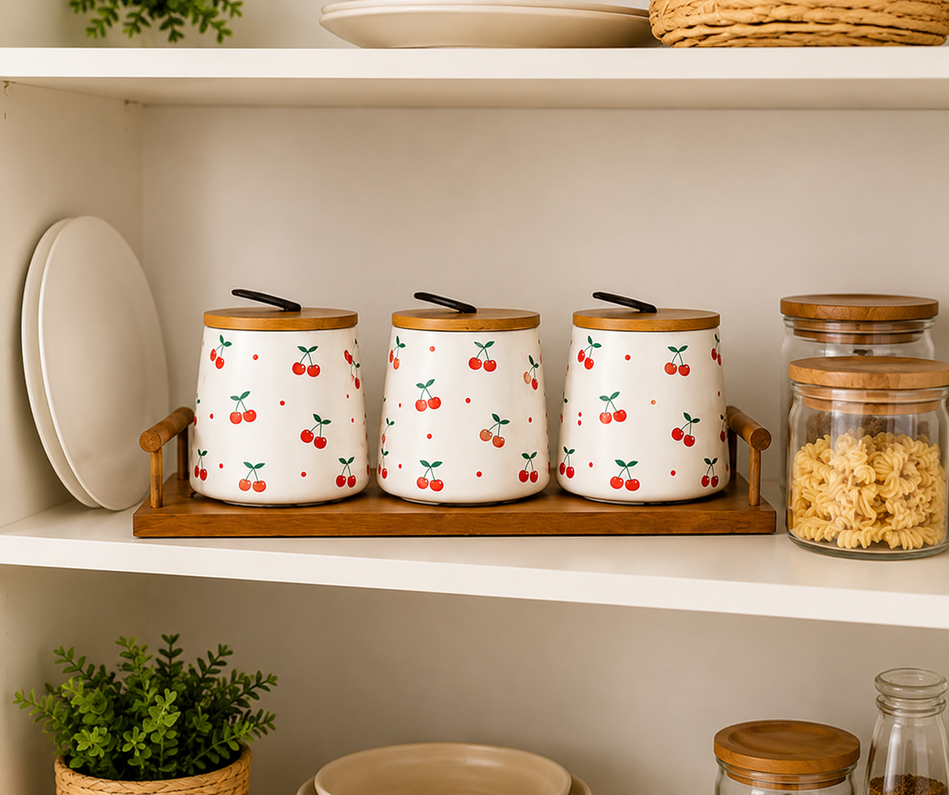 Ceramic Canister Set with Wooden Lid And Tray, Vintage Cherry Dot Canister Set, Ceramic Cherry Canister with Bamboo Lid