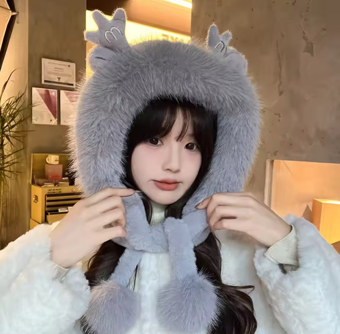 Soft Fluffy Bunny Ears Winter Cap, Cute Bucket Hat For Women, Cute Plush Antler Hat