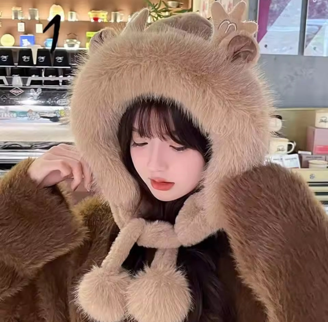Soft Fluffy Bunny Ears Winter Cap, Cute Bucket Hat For Women, Cute Plush Antler Hat
