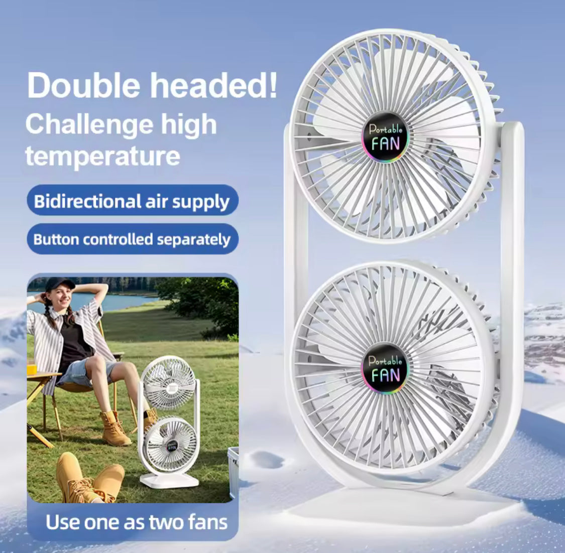 Rechargeable Double Head Table Fan, Travel Outdoor Camping Fan, Lightweight Handheld Cooling Fan