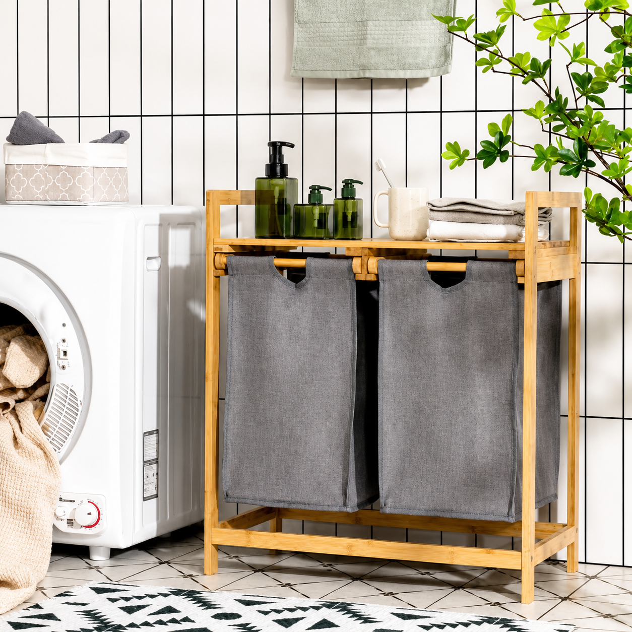 Dual Compartment Laundry Organizer Rack, Wooden Frame Laundry Hamper Organizer, Household Double Section Laundry Hamper