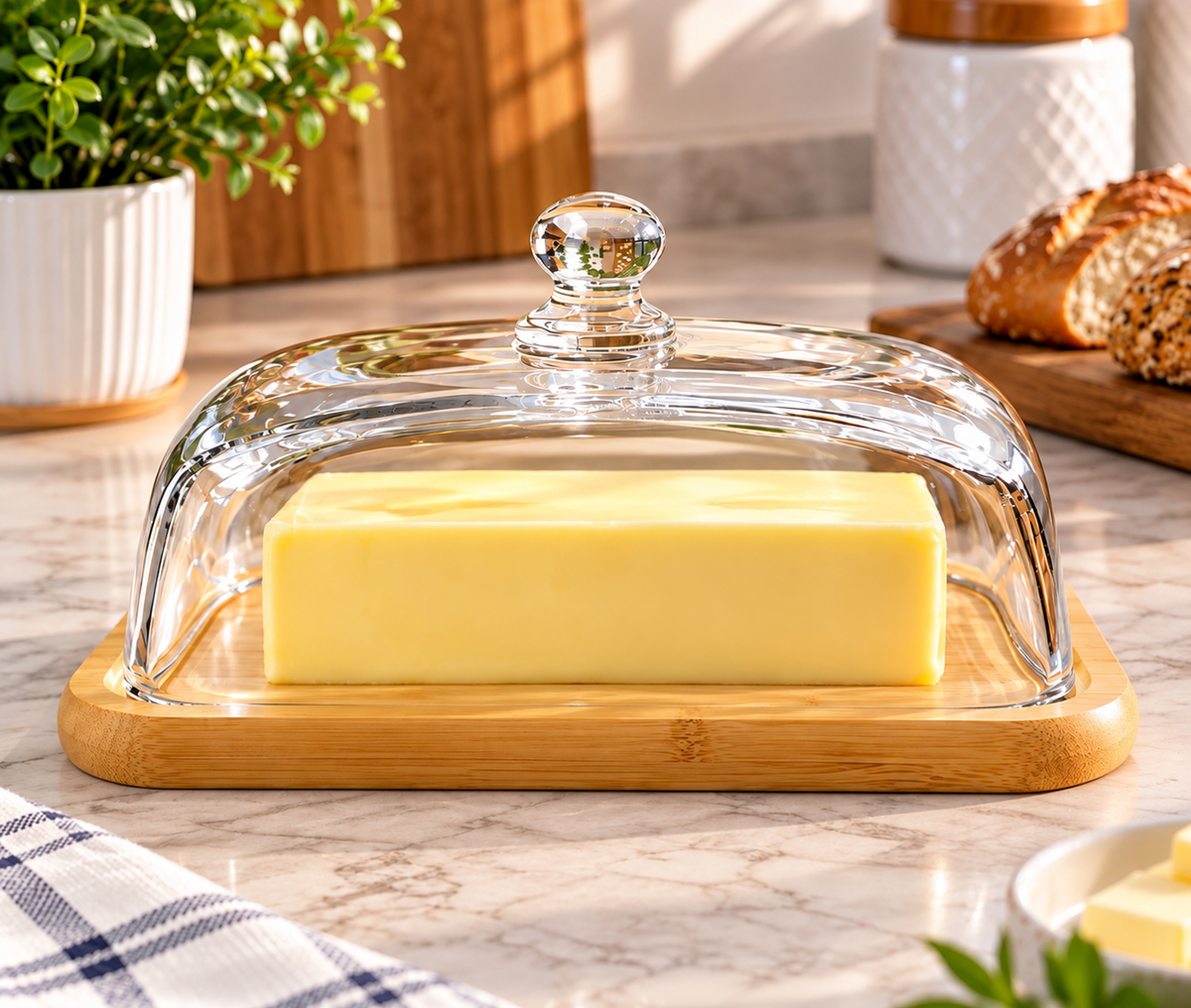 Glass Butter Storage Container with Bamboo Base, Butter Keeper with Transparent Lid, Elegant Butter Storage Container