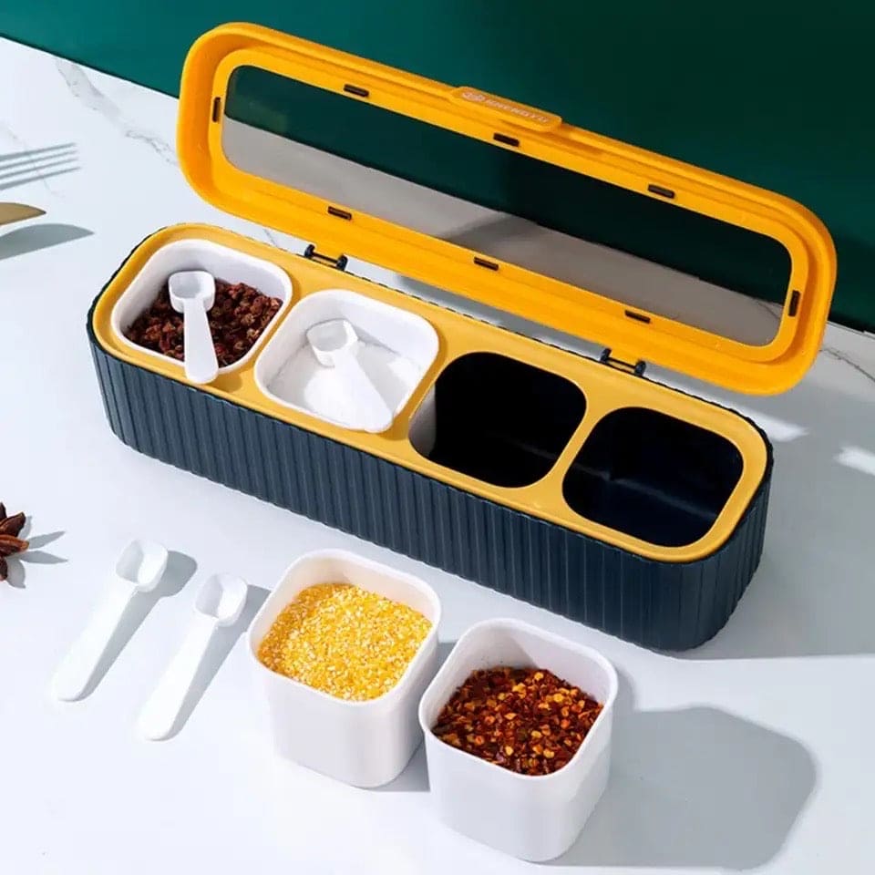 Luxury Four Grid Spice Dispenser, Household Flip with Spoon Spice Box, Seasoning Storage Container for Spice, Salt Sugar Plastic Condiment Jars with Spoons Lid, Kitchen Organization Containers with Cover and Spoon, Household Kitchen Seasoning Bottles