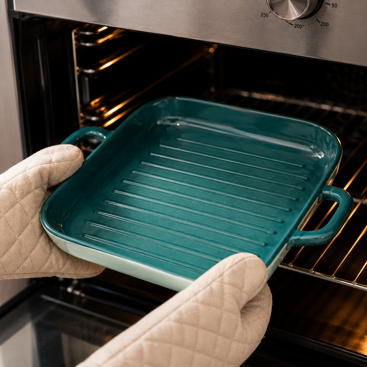 Non Stick Ceramic Roasting And Baking Tray, Deep Ceramic Baking Dish with Side Handles, Heavy Duty Ceramic Baking Tray with Raised Grill Ridges