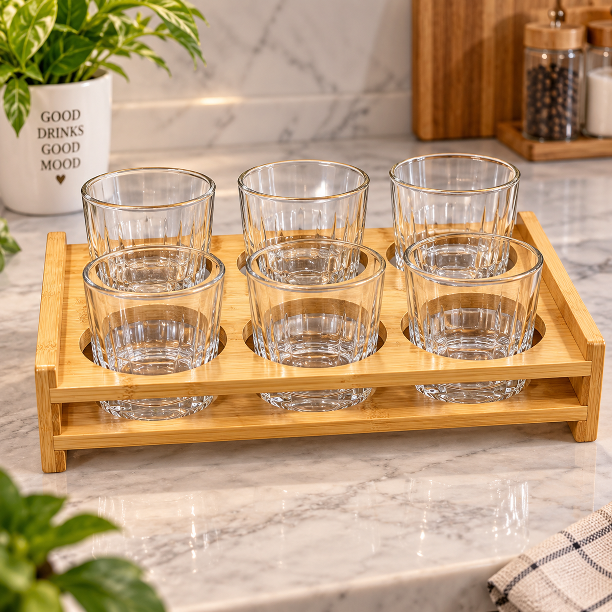 6 Slot Bamboo Glass Holder, Wooden Glass Tray Holder, Tabletop Glass Rack, Wooden Beverage Serving Stand