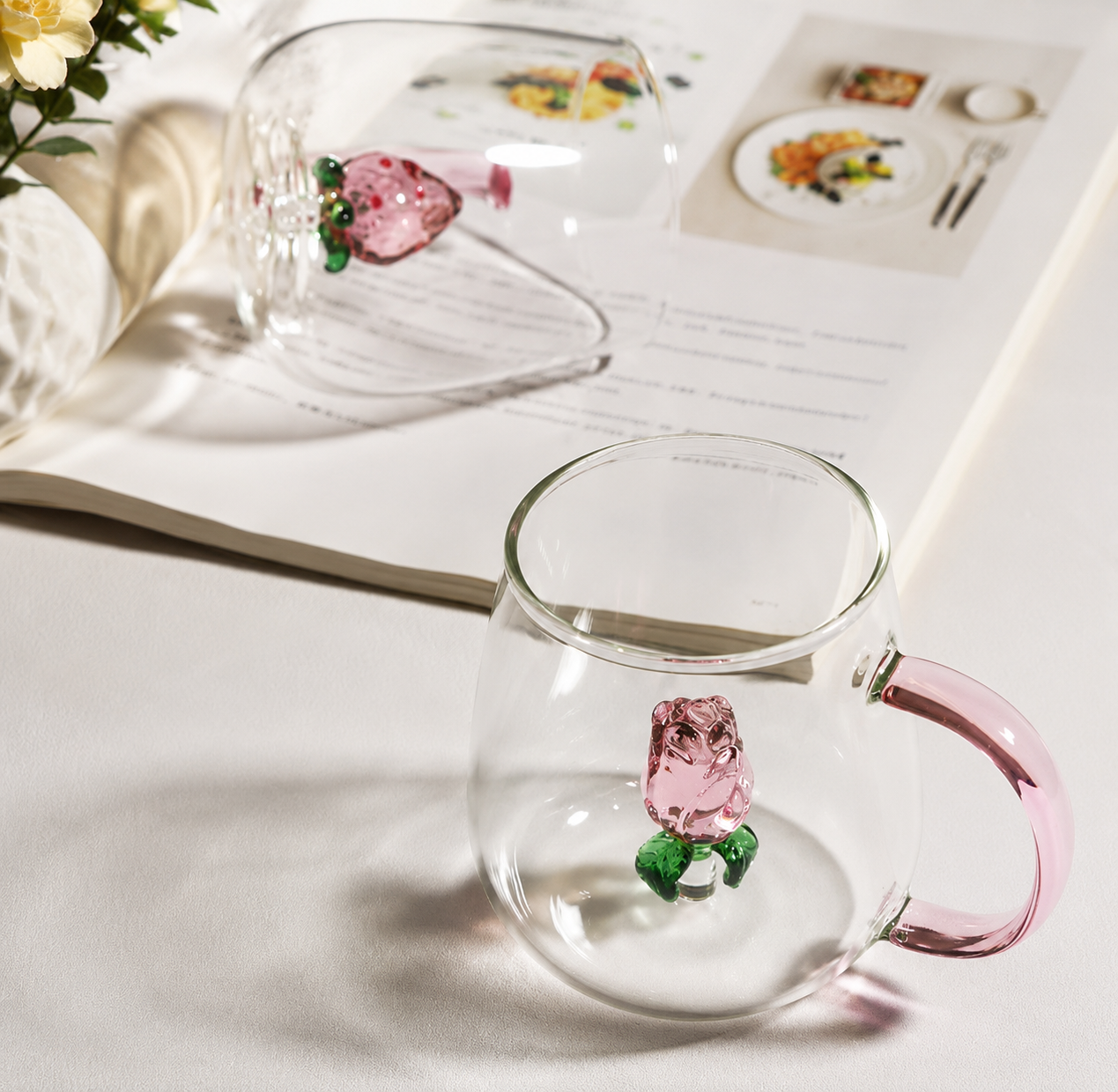 Elegant 3D Rose Glass Coffee Mug, Vintage Floral Glass Coffee Mug, Pink Floral Borosilicate Glass Mug, Floral Crystal Glass Mug with Pink Handle