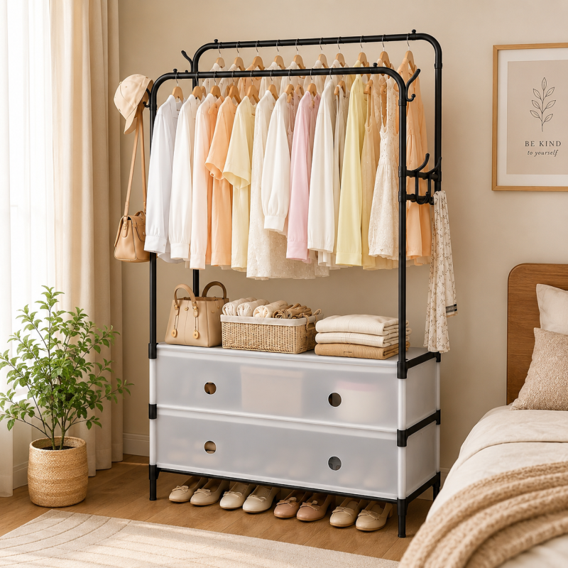 Dual Pole Clothes Rack With Shoe Storage, Simple Clothes Storage Shelf, Bedroom Living Room Hanger, Living Room Clothes Storage Rack