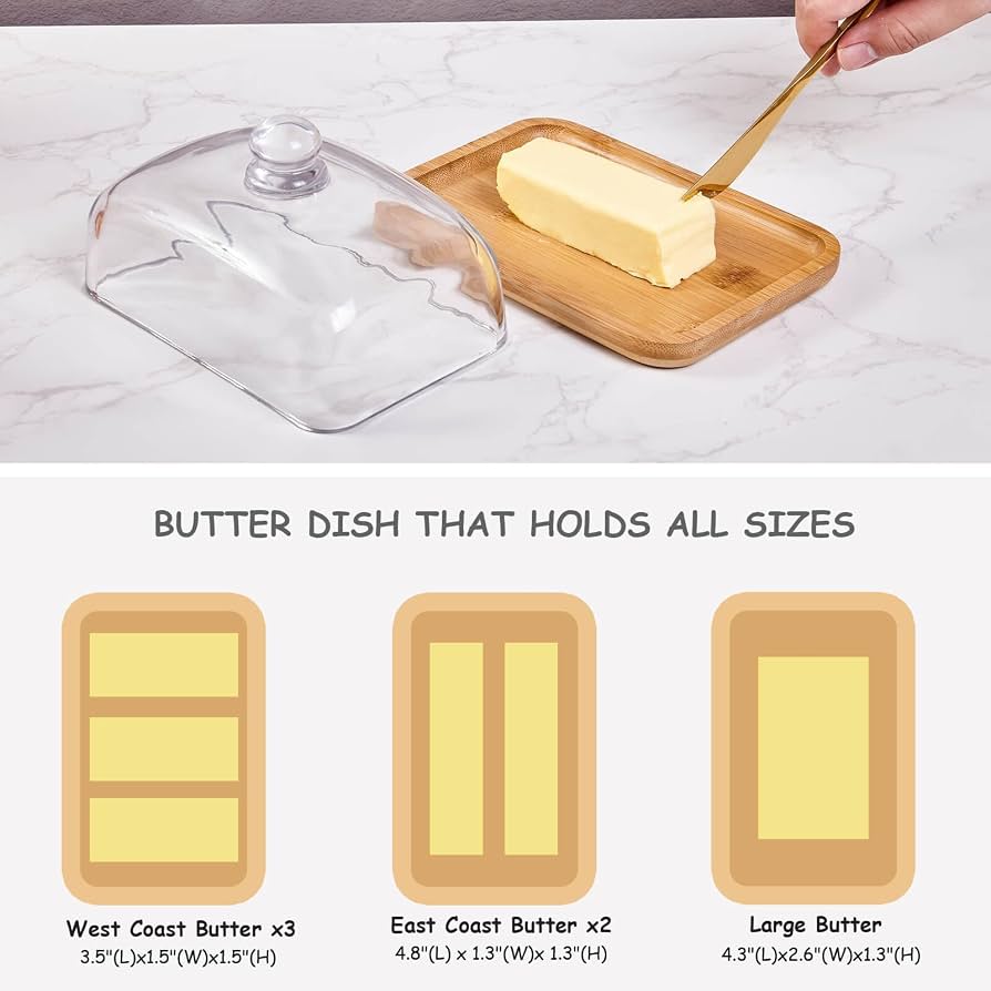 Glass Butter Storage Container with Bamboo Base, Butter Keeper with Transparent Lid, Elegant Butter Storage Container