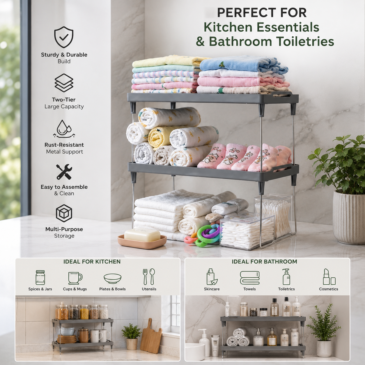 Multipurpose 2 Tier Storage Organizer Rack, Adjustable Countertop Storage Shelf, Space Saving Storage Organizer, 2 Tier Countertop Vanity Rack
