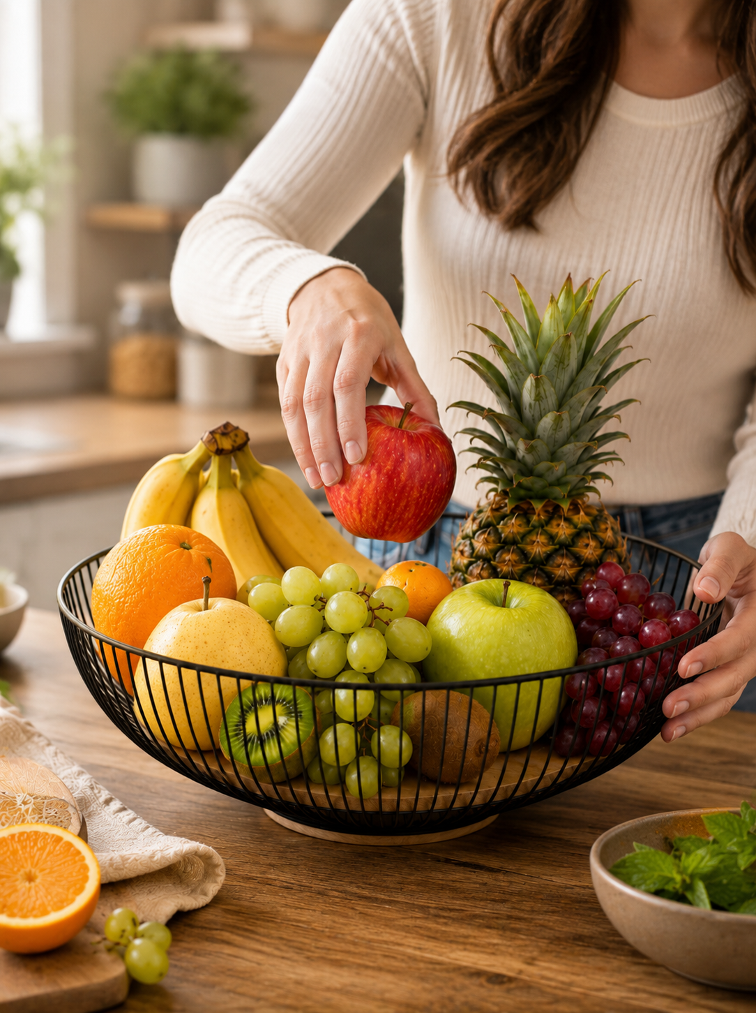 Metal Fruit Basket With Wooden Base, Multipurpose Tabletop Fruit Holder, Countertop Fruit Basket Bowl