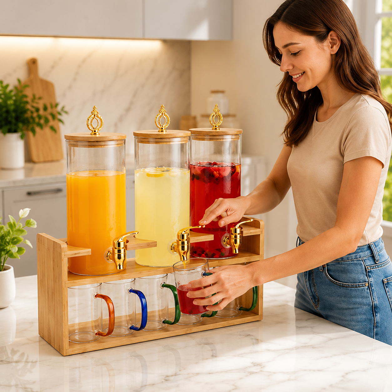 Elegant Beverage Serving Rack with 3 Dispensers, Luxury Juice & Lemonade Serving Station, Beverage Dispenser with 6pcs Cup Set