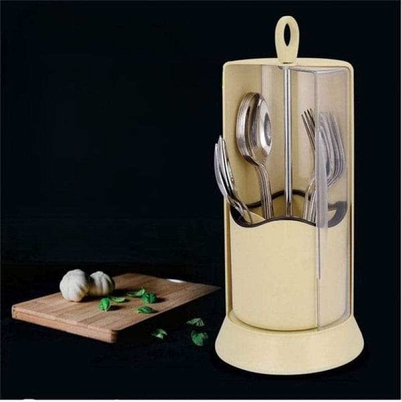 Covered Cutlery Holder, Rotating Cutlery Box With Transparent Cover, 4 Compartment Cutlery Holder, Multifunctional Fork Chopsticks Storage Stand, Standing Plastic Storage Container, Kitchen Cutlery Organizer