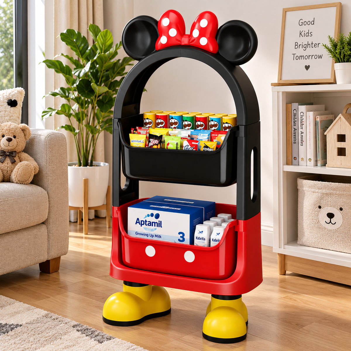 2 Tier Kids Disney Mickey Toy And Storage Trolley, Multi Purpose Kids Storage Cart with Wheels, Children Rolling Storage Organizer