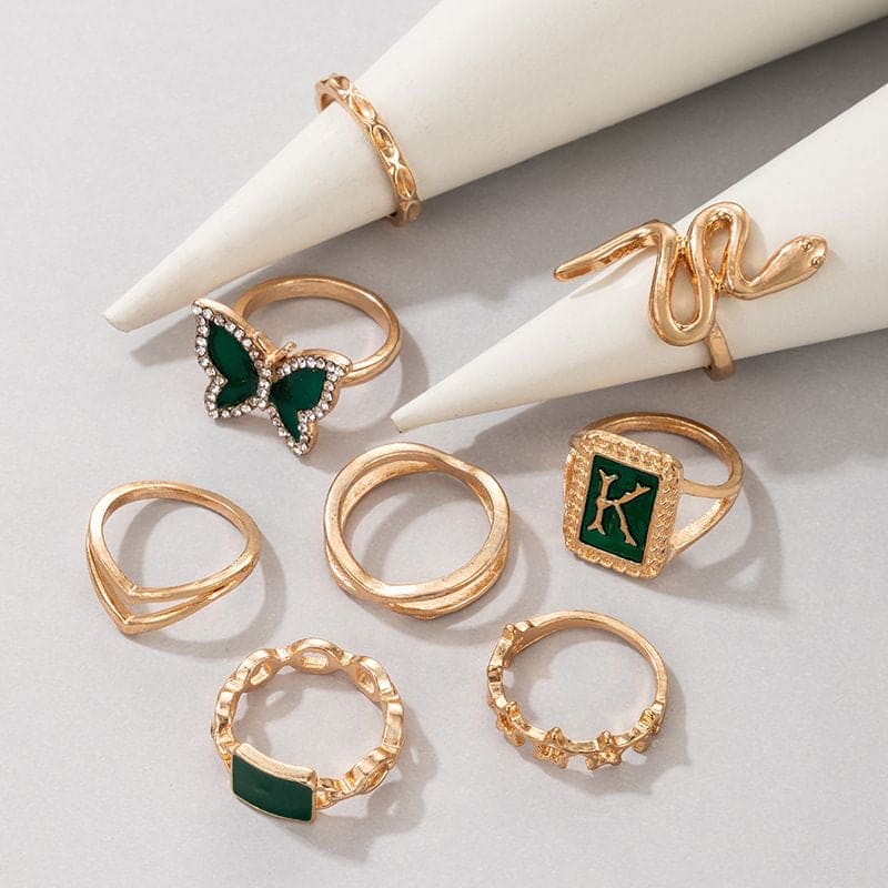 Set Of 8 K Snake Rings, Multi Element Geometric Ring Jewellery, Snake & Butterfly Decor Ring, Green K Letter Snake Butterfly Pentagram Ring For Women