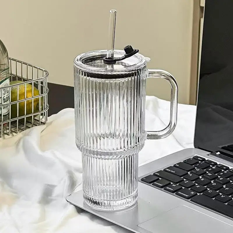 Durable Transparent Glass Water Cup With Handle, Diamond Pattern Glass Drinking Cup, Portable Large Capacity Glass Straw Cup