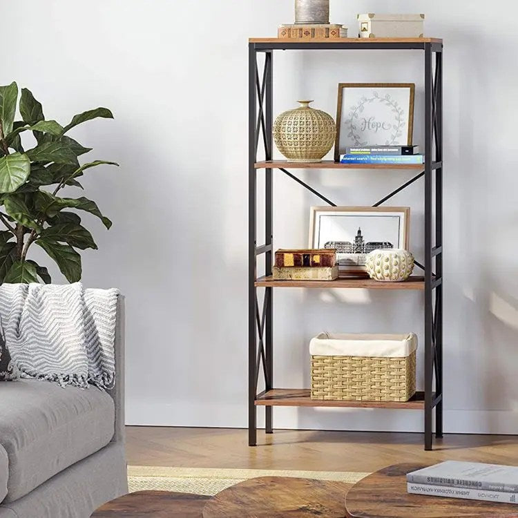 4-Tier Iron Frame Wooden Bookshelf Storage, Multi Layer Storage Rack, Multifunction Kitchen Storage Rack