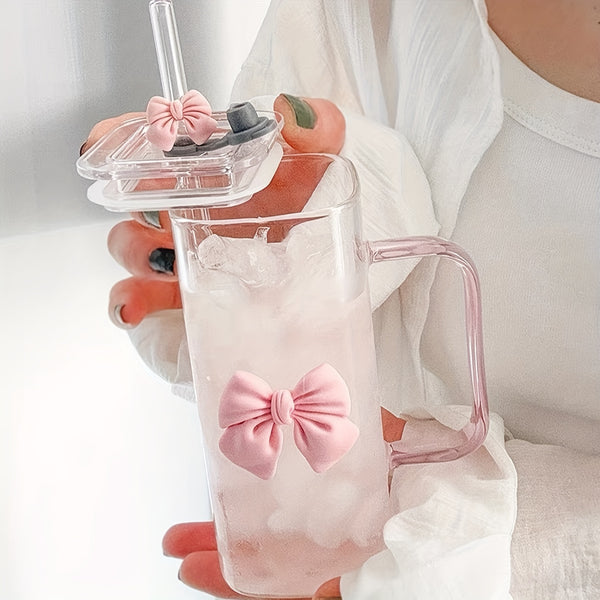 450ml Bow Glass With Lid And Straw, Elegant Square Glass Tumbler, Cute Transparent Mug With Handle