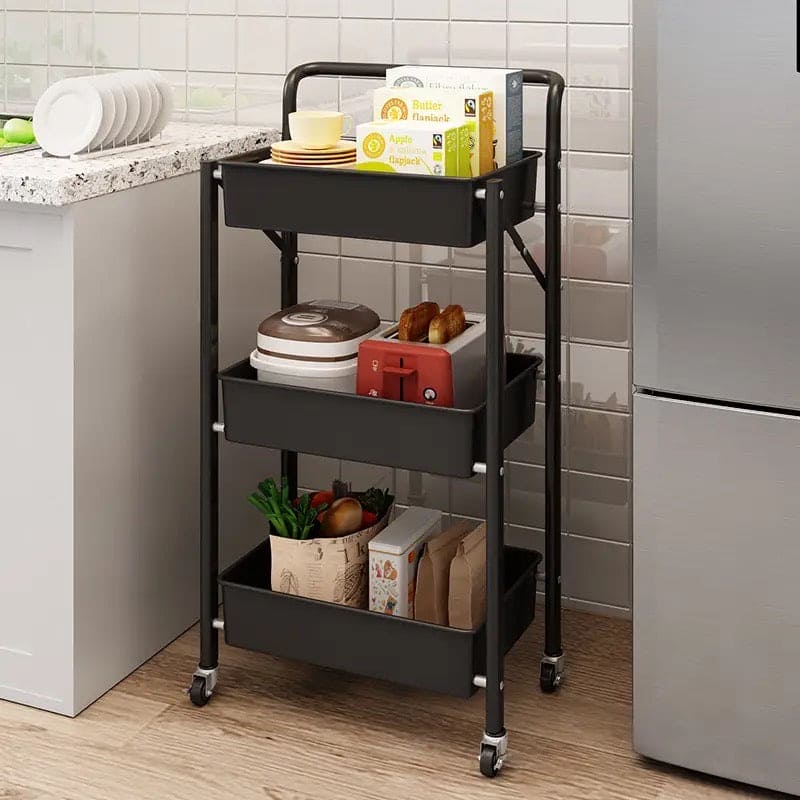 3 Tier Flexible Food Trolley, Home Snack Vegetables Storage Rack with Wheels, Multifunctional 3 Tier Storage Cart, Folding Kitchen Shelves, Plastic & Stainless Steel Storage Cart