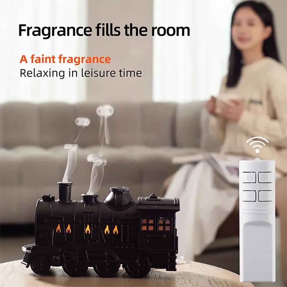 Black Train Diffuser, Train Steam Humidifier, Ultrasonic Cool Mist Air Humidifier, Fragrance Essential Oil Aroma Diffuser, Creative RC Air Freshener with LED Lamp, Circle Dispensing Essential Oil Perfume Machine