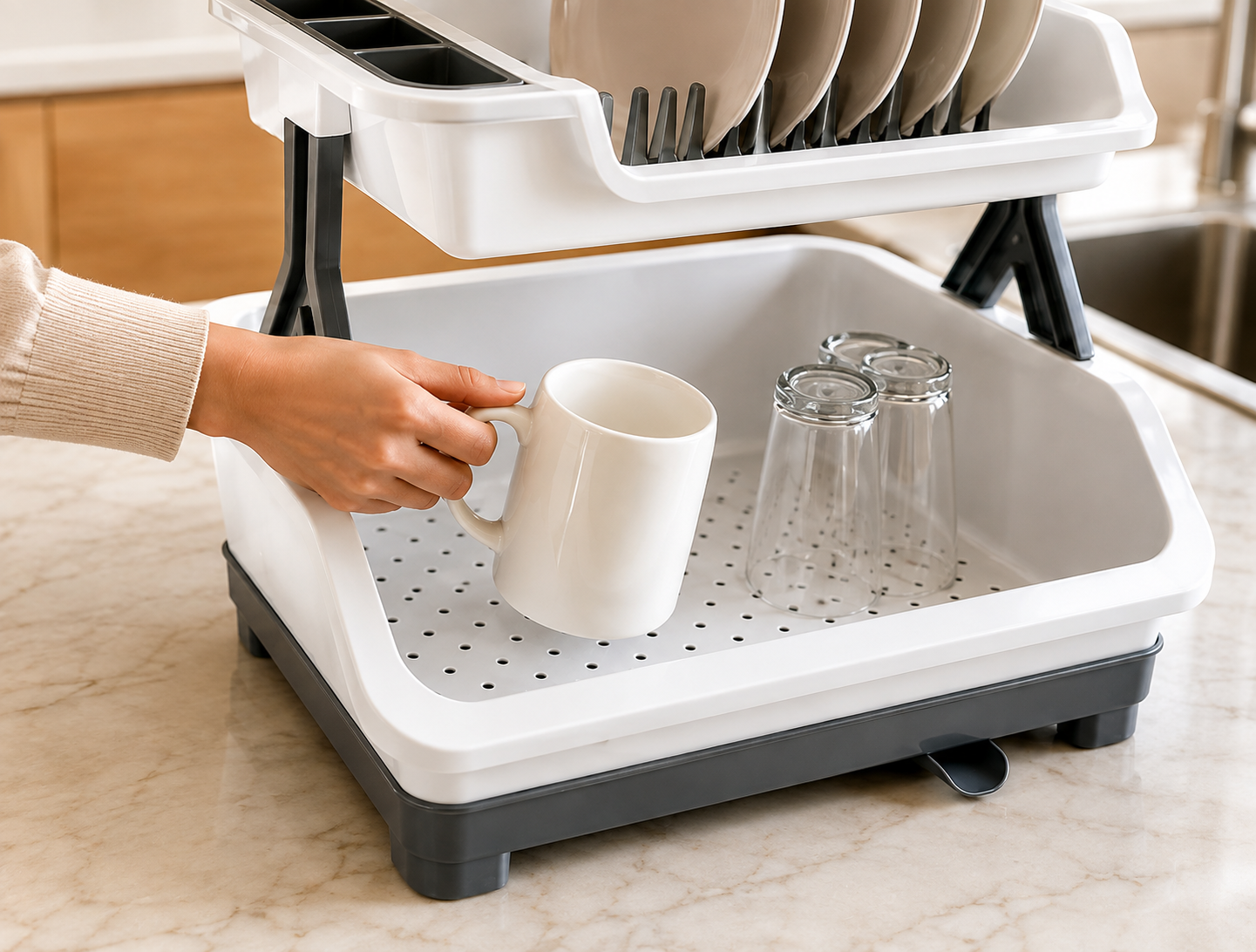 2 Tier Dish Drying Rack with Cutlery Holder, Utensils Dishes Drying Drainer, Kitchen Bowl Plate Tableware Rack, Dinnerware Organizer Basket