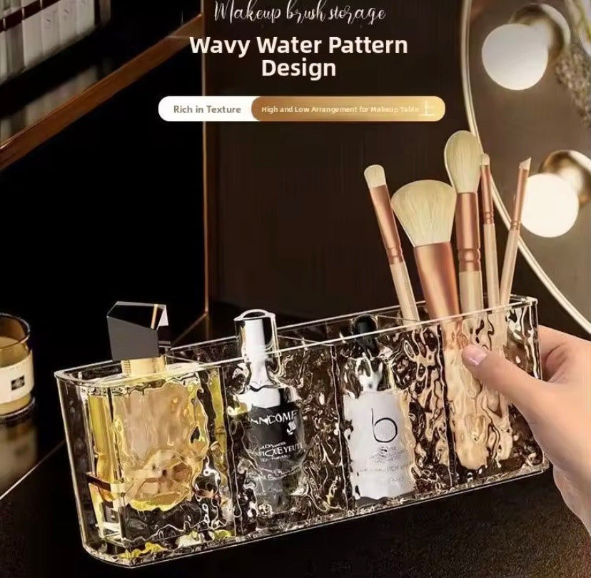 4 Grid Makeup Brush Pen Holder, Multi Compartment Rippled Divided Storage Box, Acrylic Makeup Brush and Cosmetic Holder, Makeup Brush Organizer