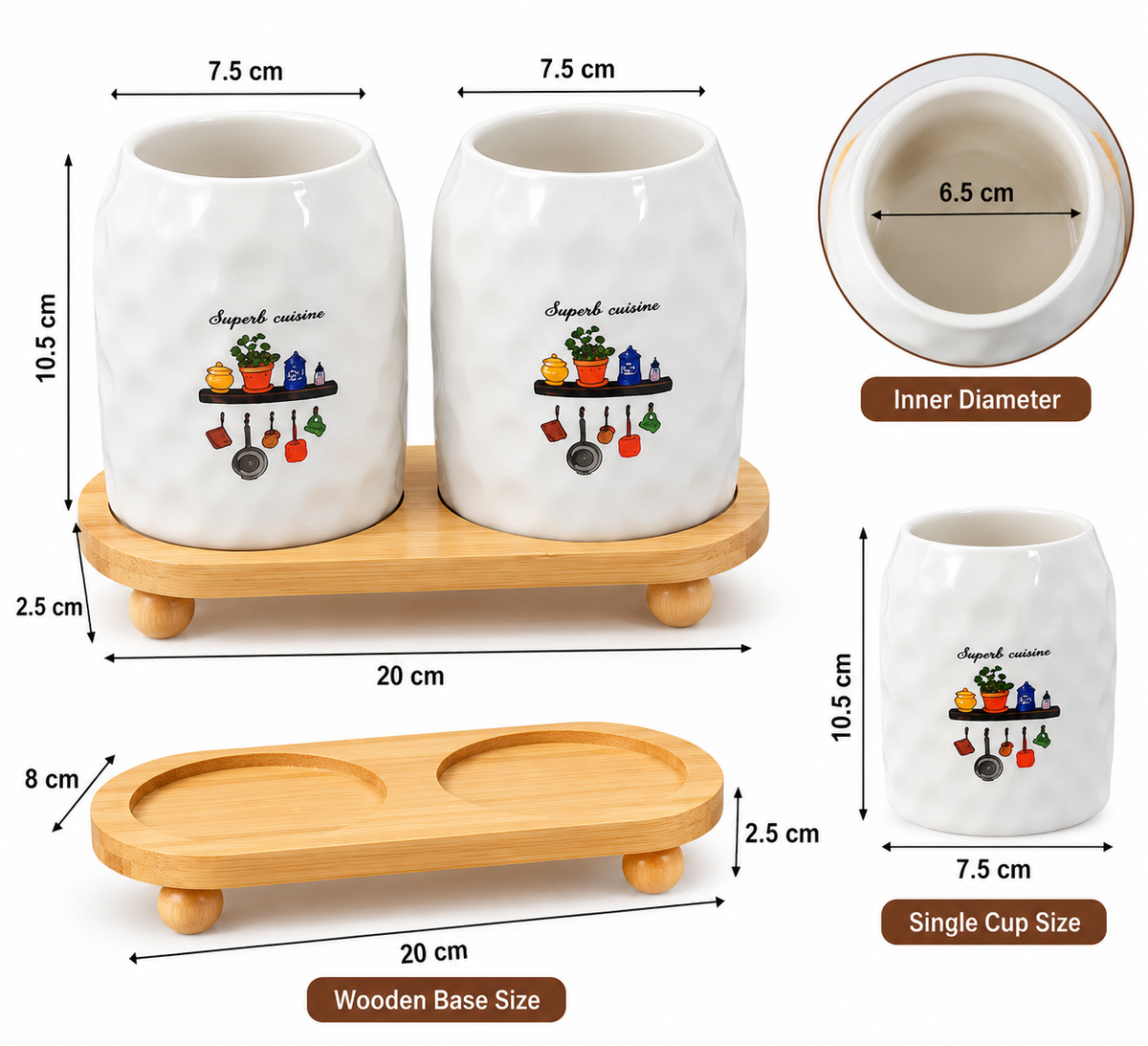 2pcs Ceramic Utensil Organizer Set, Ceramic Kitchen Tool Holder with Wooden Base, Double Cup Kitchen Utensil Stand