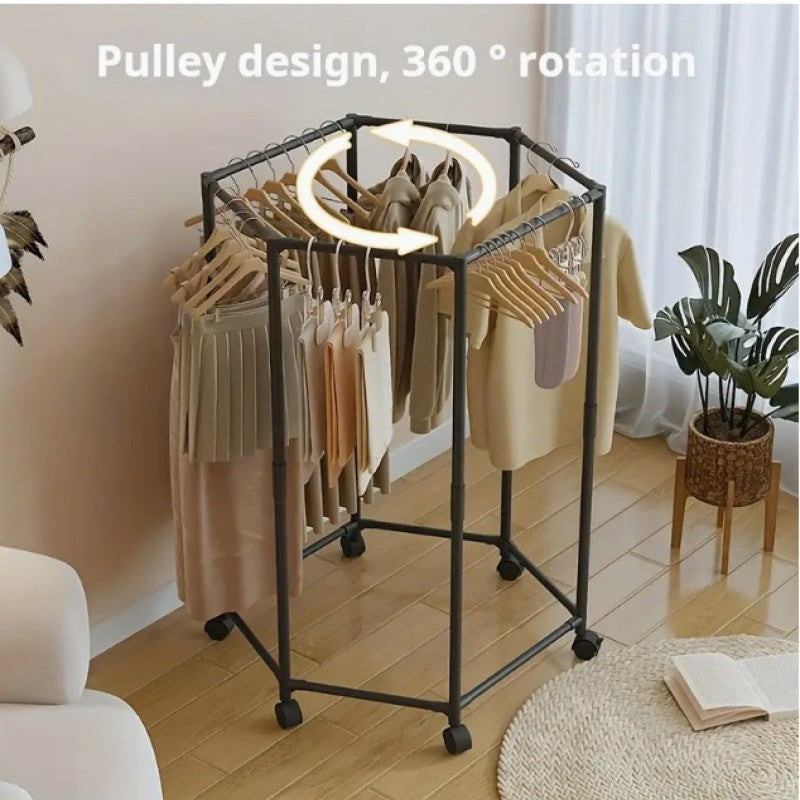 360° Rotating Metal Clothes Stand Rack With Wheels, Multi Purpose Garment Organizer, Rolling Clothes Hanging Rack, Portable Clothes Storage Rack, Space Saving Rolling Clothes Rack