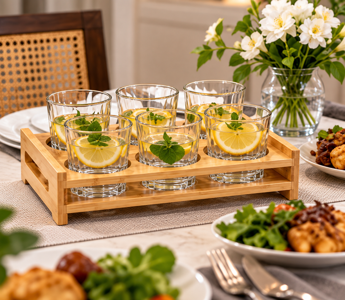 6 Slot Bamboo Glass Holder, Wooden Glass Tray Holder, Tabletop Glass Rack, Wooden Beverage Serving Stand