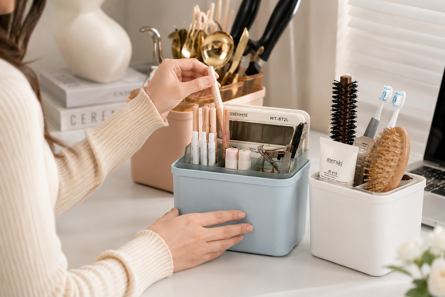Multi Purpose Desktop Organizer, Kitchen Counter Organizer, Multi Compartment Organizer, Portable Storage Organizer, Kitchen Utensil Box