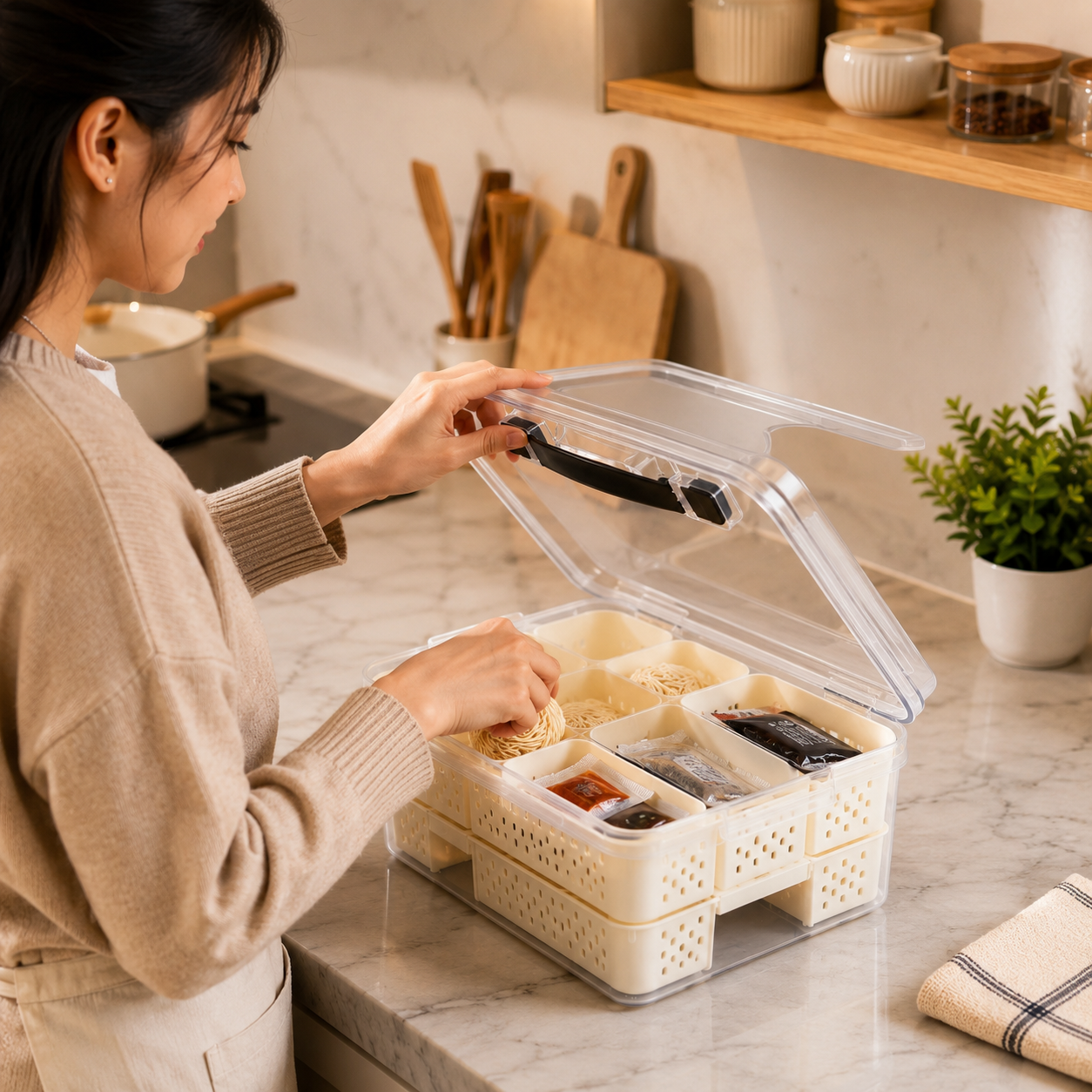 Multi Compartment Food Storage Box, 6 Compartments Food Storage Organizer Box, Kitchen Food Storage Container with Lid