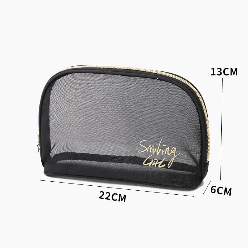 Black Mesh Cosmetic Bag, Transparent Travel Zipper Pouch, Women Beauty Case, Smiling Girl Cosmetic Bag, Travel Storage Bag, Toiletry Bags Makeup Pouch, Fashion Makeup Small Pouch For Women, Multifunctional Large Capacity Toiletry Hand Bag