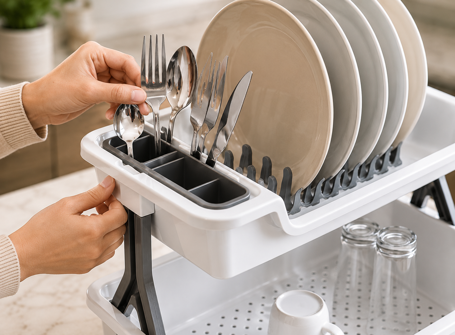 2 Tier Dish Drying Rack with Cutlery Holder, Utensils Dishes Drying Drainer, Kitchen Bowl Plate Tableware Rack, Dinnerware Organizer Basket
