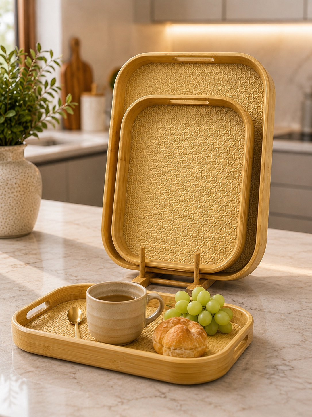 3pcs Bamboo Serving Tray Set, Bamboo Serving & Display Tray Set, Woven Design Bamboo Serving Trays, Natural Bamboo Breakfast & Serving Tray Set