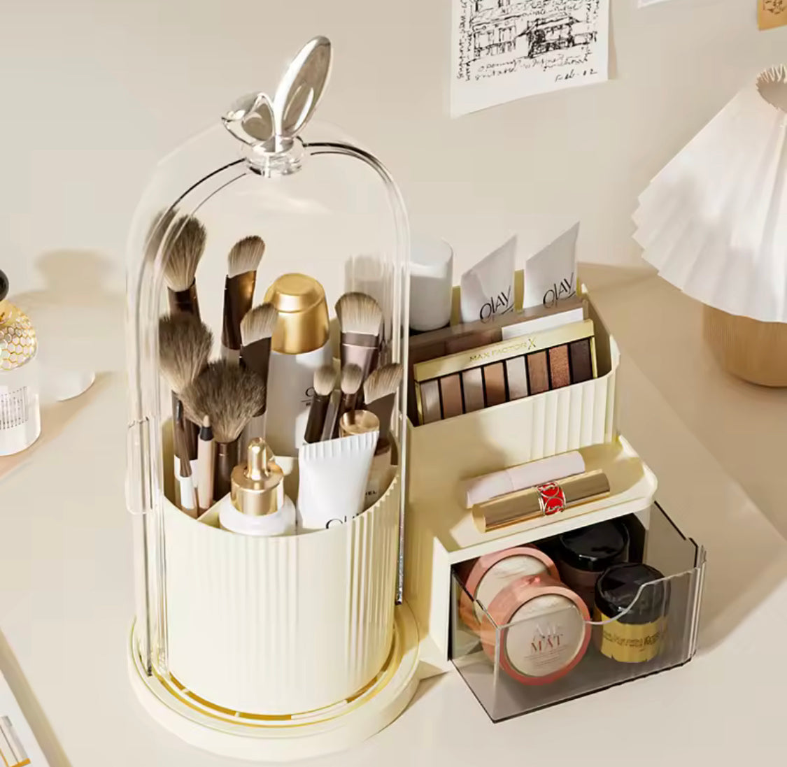 360 Rotating Makeup Organizer With Dustproof Cover, Multi Layer Cosmetic Storage Box with Drawer, Cage Shape Brush Organizer, Lipstick and Eyebrow Pencil Holder