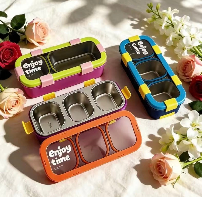 3 Compartments Rectangular Shape Lunch Box, Stainless Steel Kids Thermal Lunch Box, Vacuum Insulated Lunchbox With Spoon And Fork