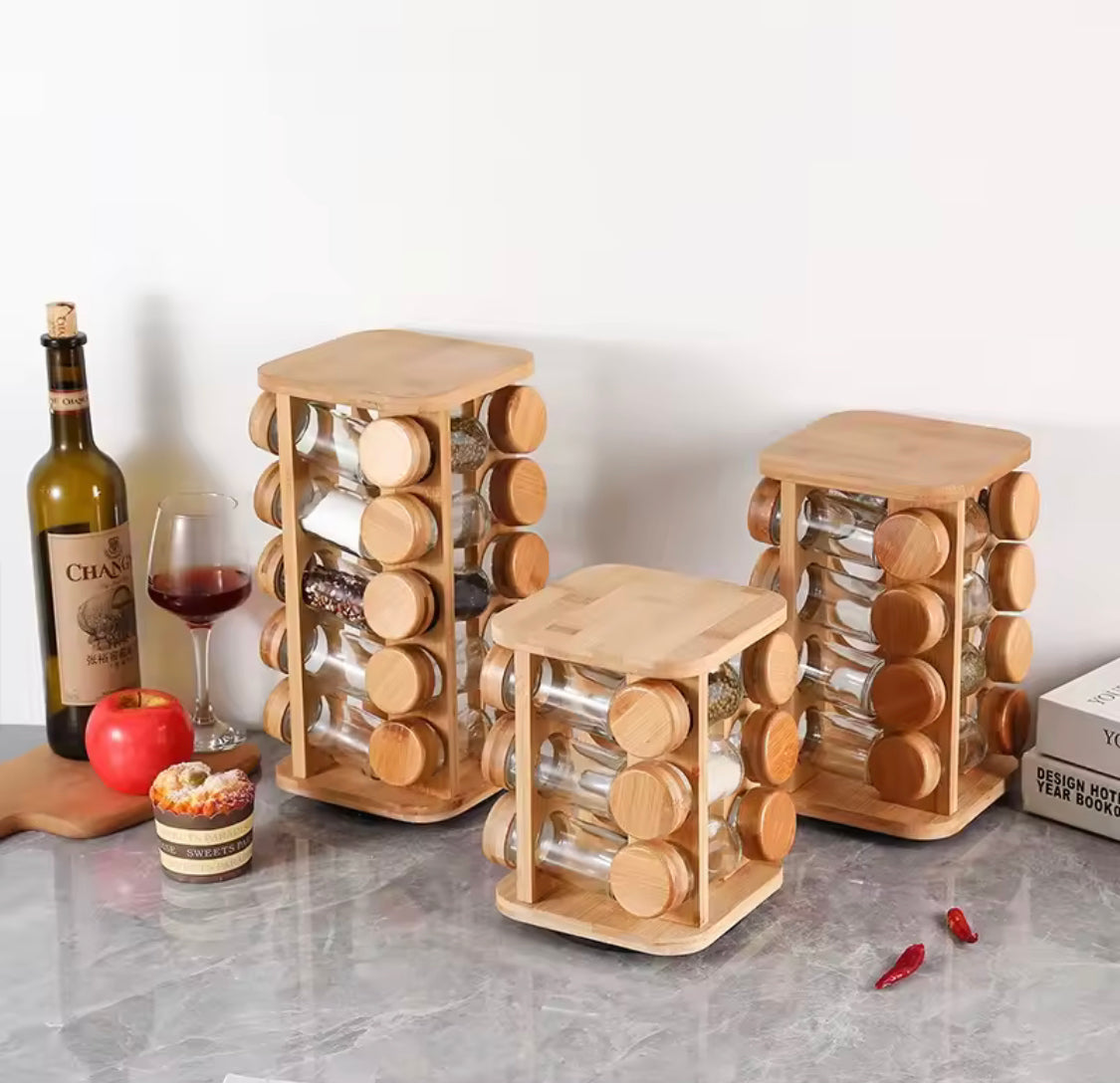 Rotatable Wooden Spice Rack With Jars, Multi Layers Square Shape Seasoning Bottle Storage Rack, Seasoning Bottles Condiment Jars, Kitchen Storage Organizer