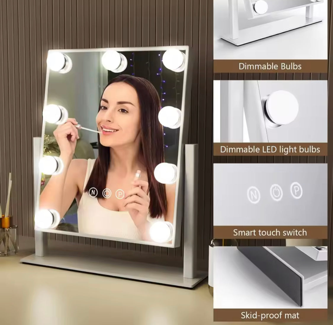 Smart Touch Vanity Mirror with Lights, Vanity Makeup Mirror with 3 Dimmable LED Bulbs, Rotatable Dressing Tabletop Mirror