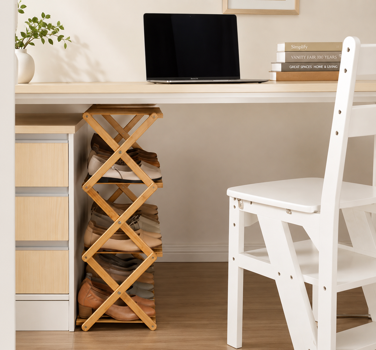 Bamboo X-Fold Shoe Stand, Premium Foldable Bamboo Shoe Rack, Smart Fold Shoe Organizer, Natural Bamboo Folding Shoe Stand