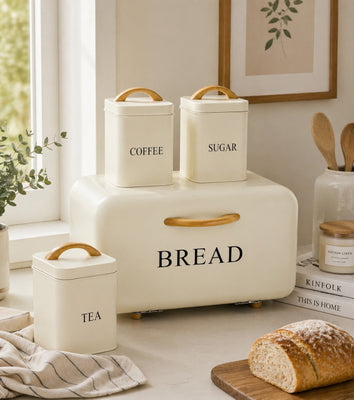 Set of 4 Nordic Bread Box & Canister Set, Modern Kitchen Bread Storage Set, Vintage Style Bread Storage Set, Home Essentials Bread Bin Set