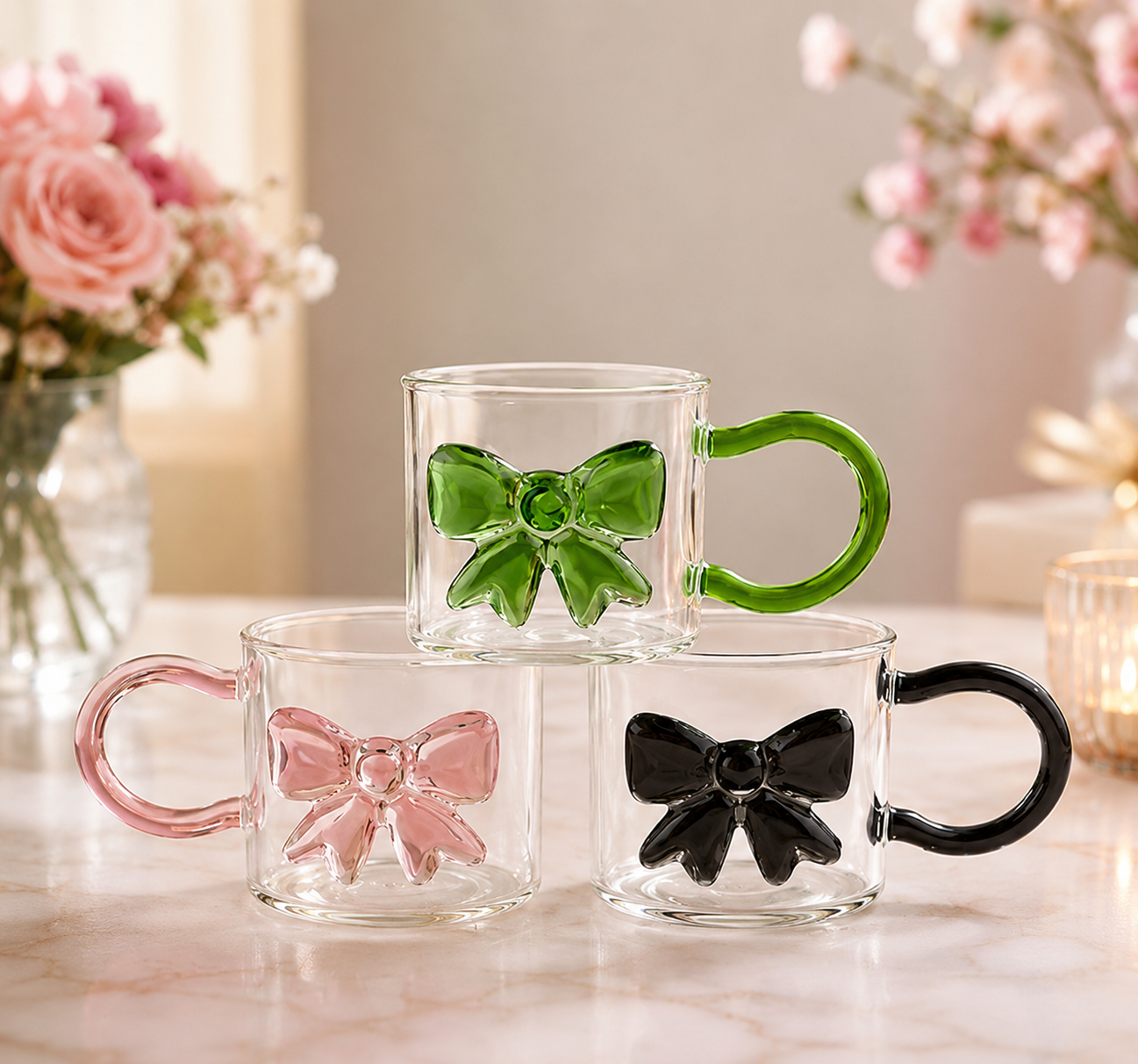 Heat Resistant 3D Bow Glass Mug With Handle, Aesthetic Bow Tea Mug, Cute Ribbon Glass Mug for Coffee & Tea, Double Wall Style Bow Glass Mug, Transparent Bow Coffee Mug