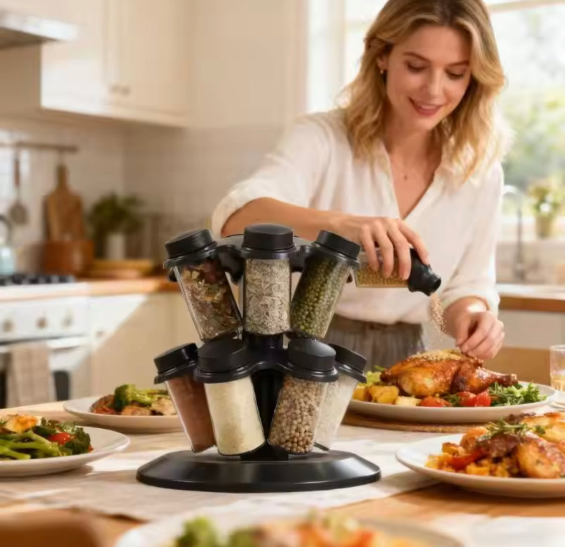 360° Rotating Spice Carousel withSeasoning Jars, Salt Shaker, Kitchen Organizers, 360° Revolving Masala Rack