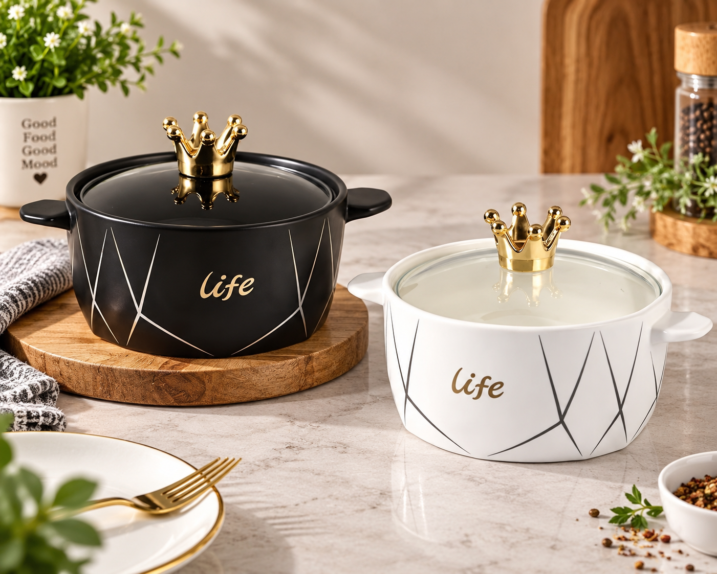 Royal Crown Ceramic Cooking Pot, Luxury Crown Lid Ceramic Pot, Elegant Ceramic Cooking & Serving Pot