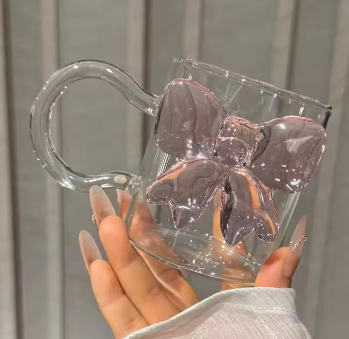 Heat Resistant 3D Bow Glass Mug With Handle, Aesthetic Bow Tea Mug, Cute Ribbon Glass Mug for Coffee & Tea, Double Wall Style Bow Glass Mug, Transparent Bow Coffee Mug