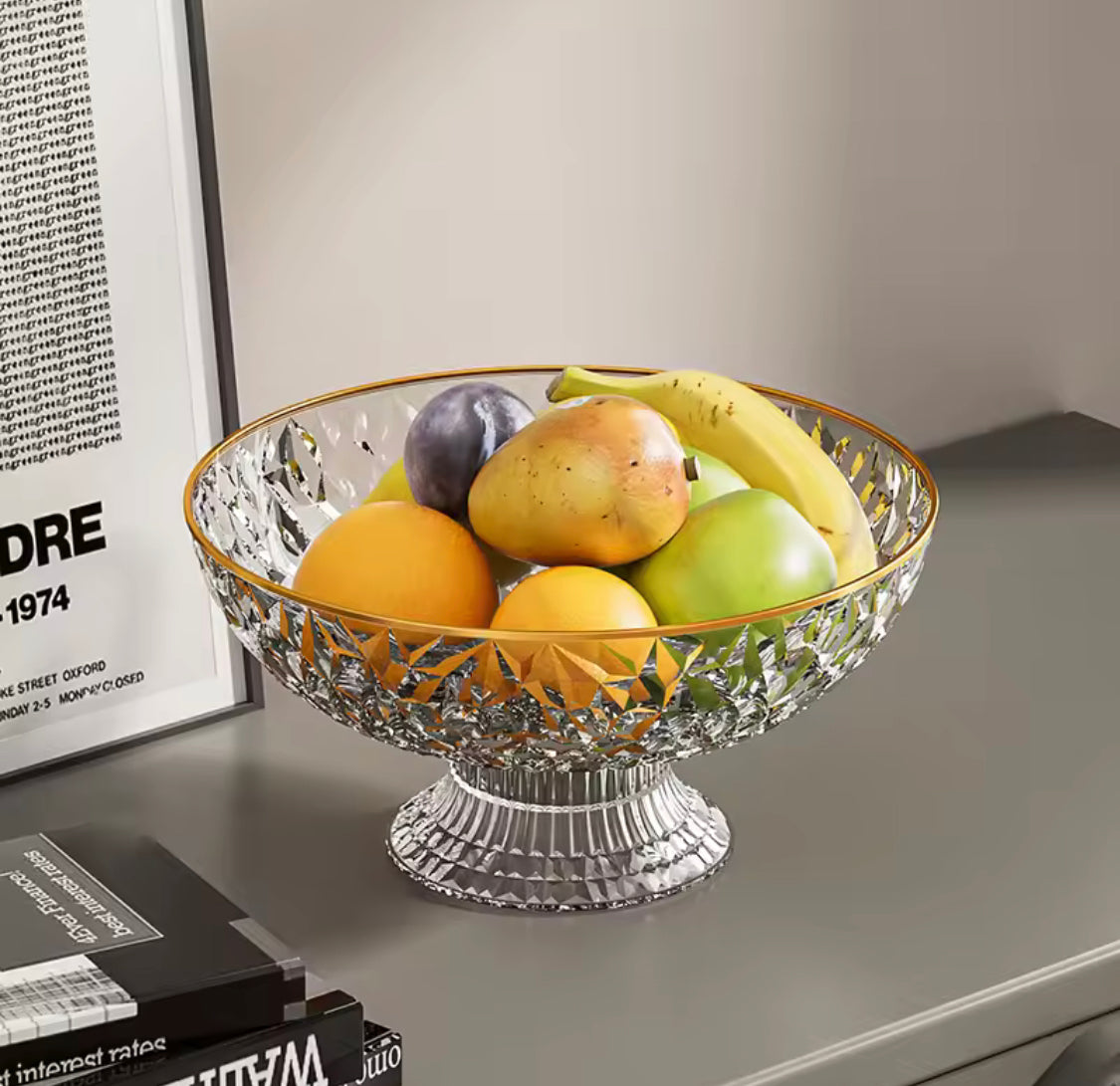 Luxury Fruit Bowl with Gold Rim, Elegant Crystal Pedestal Fruit Serving Bowl, Multipurpose Diamond Cut Fruit Bowl with Gold Edge, Decorative Crystal Centerpiece Bowl