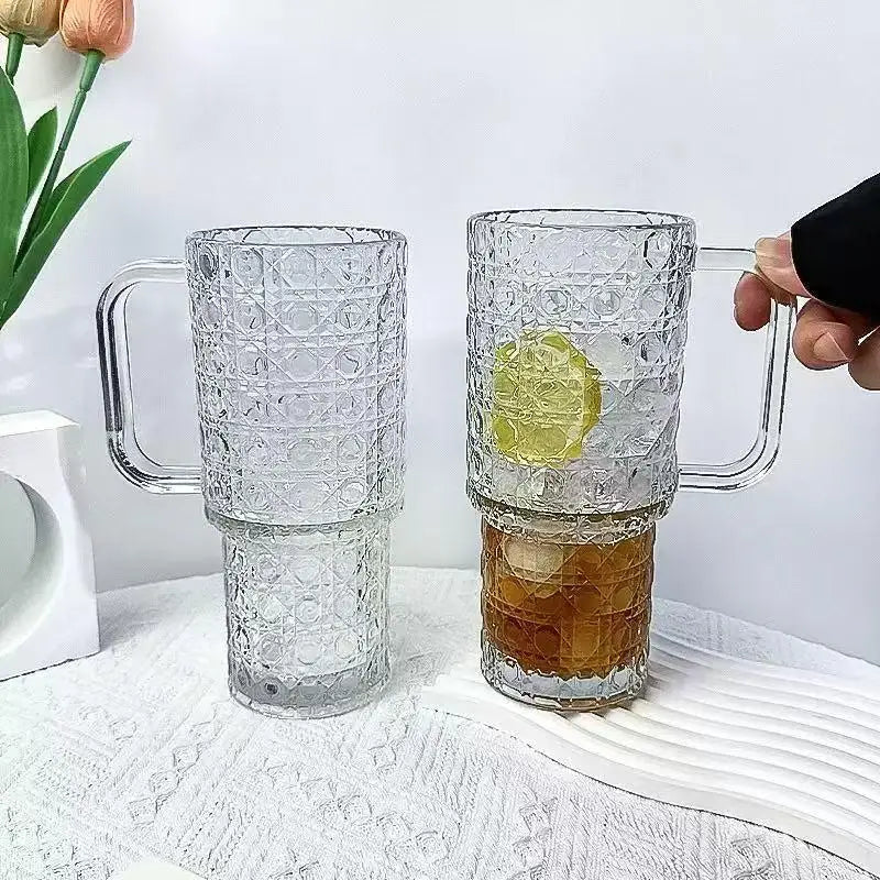Durable Transparent Glass Water Cup With Handle, Diamond Pattern Glass Drinking Cup, Portable Large Capacity Glass Straw Cup