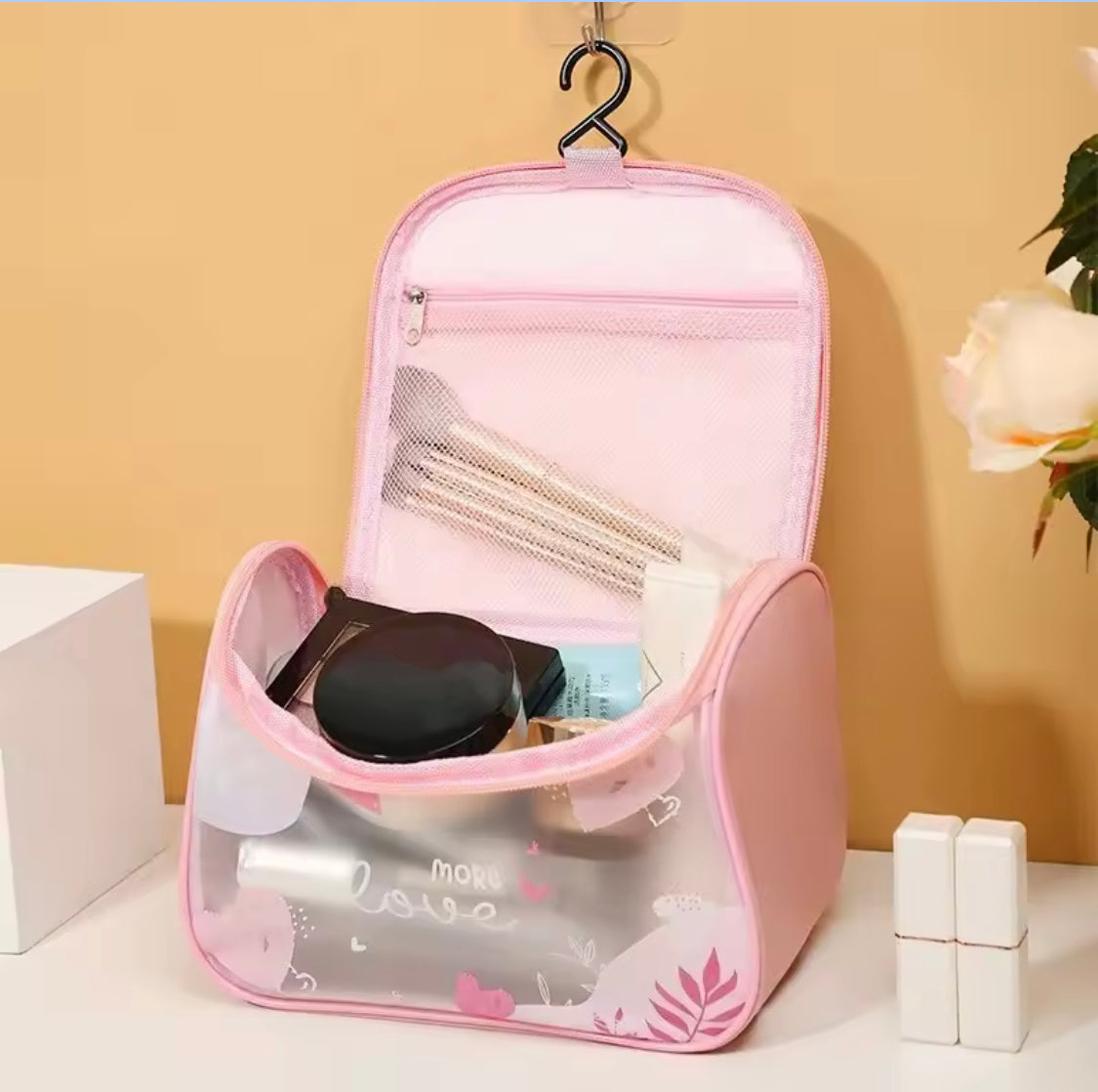 Waterproof Girly Print Toiletry Bag, Large Capacity Transparent Cosmetic Bag With Hook, Travel Portable Makeup Organizer Bag