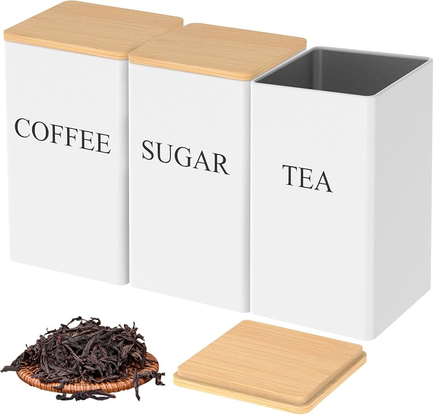 3Pcs Coffee Bean Storage With Bamboo Lid, Square Seasoning Box Organizer, Coffee Sugar Tea Storage Container Jars, Coffee Canister With Bamboo Lid, Set Of 3 Tea And Sugar Pot