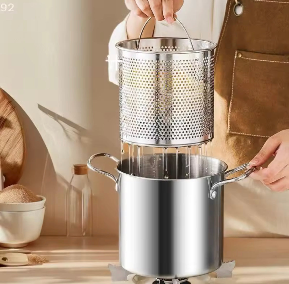 3.5L Deep Fryer Pot With Glass Lid, Stainless Steel Frying Pot With Mesh Steamer Basket, Kitchen Tools