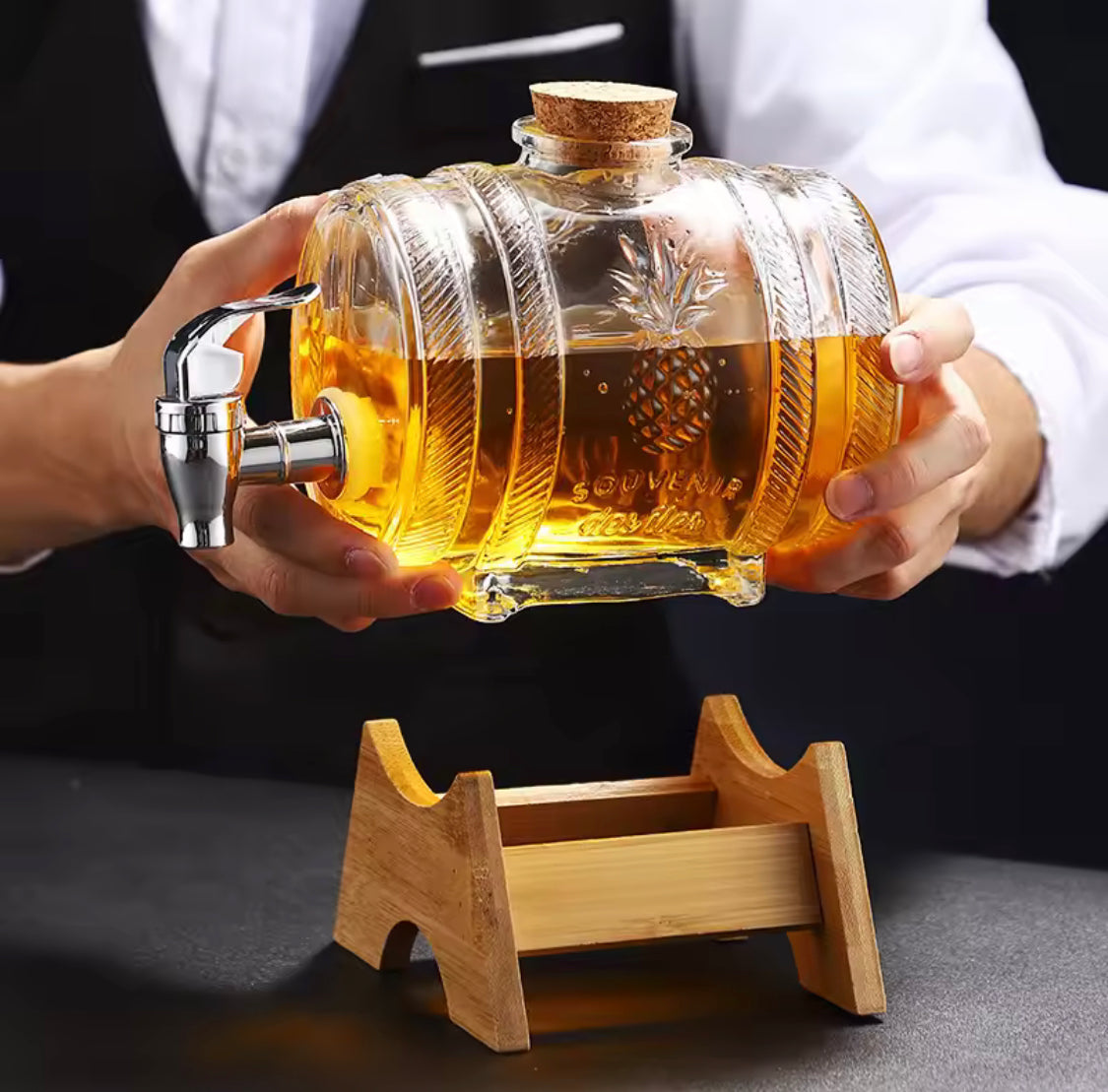 5L Crystal Barrel Glass Beverage Dispenser, Vintage Glass Drink Dispenser with Wooden Stand, Decorative Glass Lemonade Barrel, Elegant Serving Beverage Dispenser